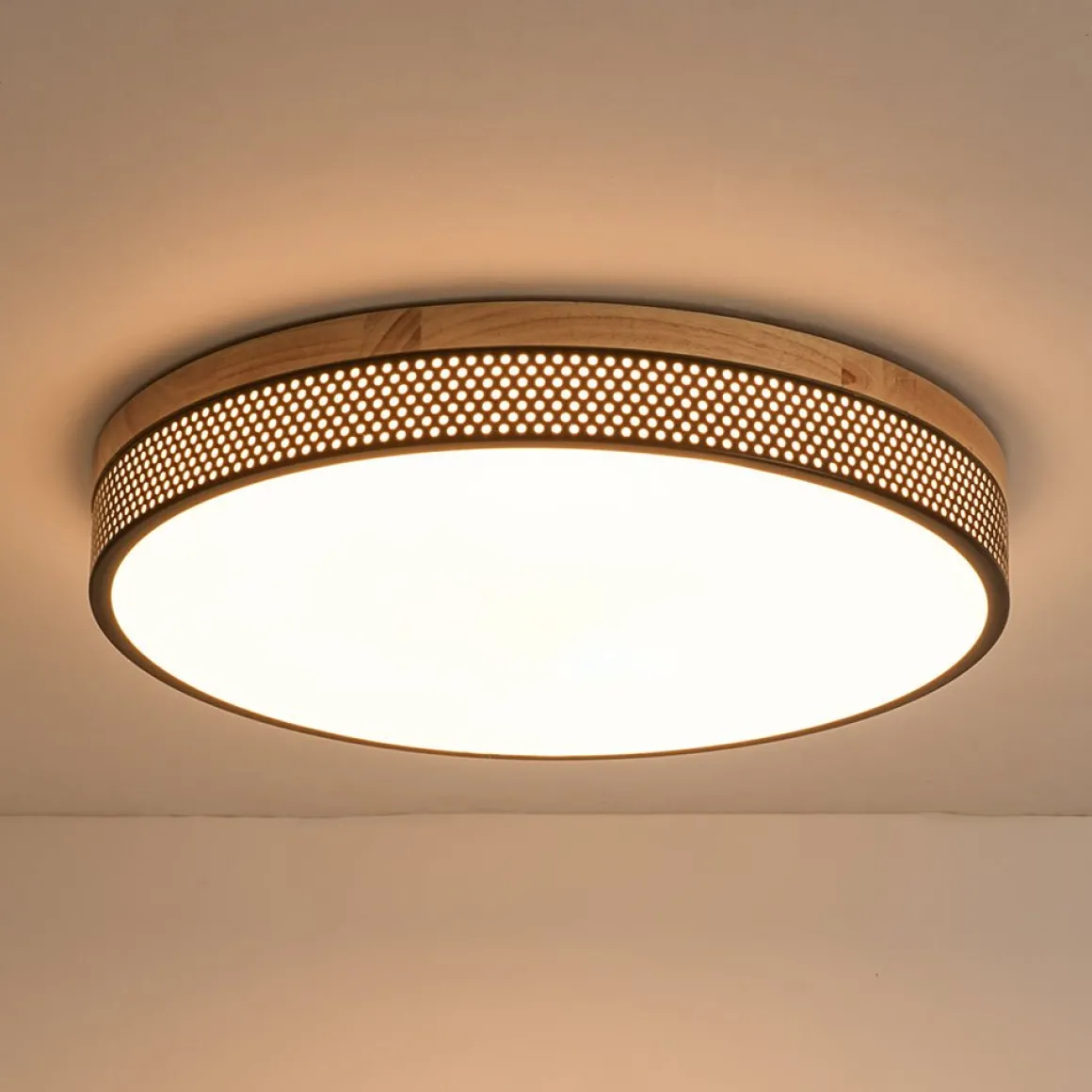 Rustic Black Mesh Wooden Dimmable LED Round Ceiling Light
