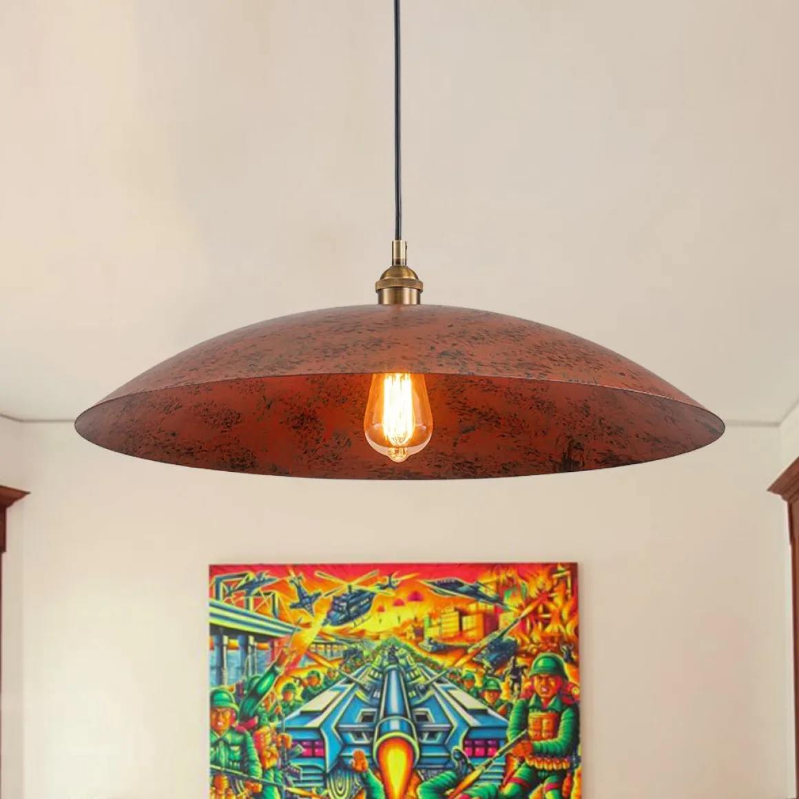 Rustic Brown 1-Light Oversized Flat Dome Pendant Light