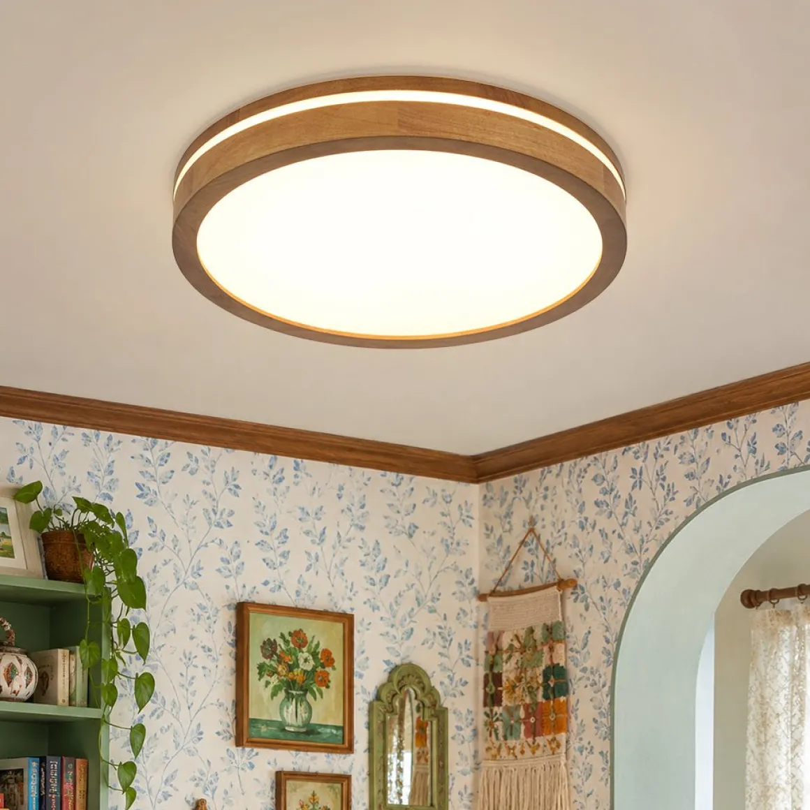 Rustic Dimmable LED Walnut Wooden Round Ceiling Light