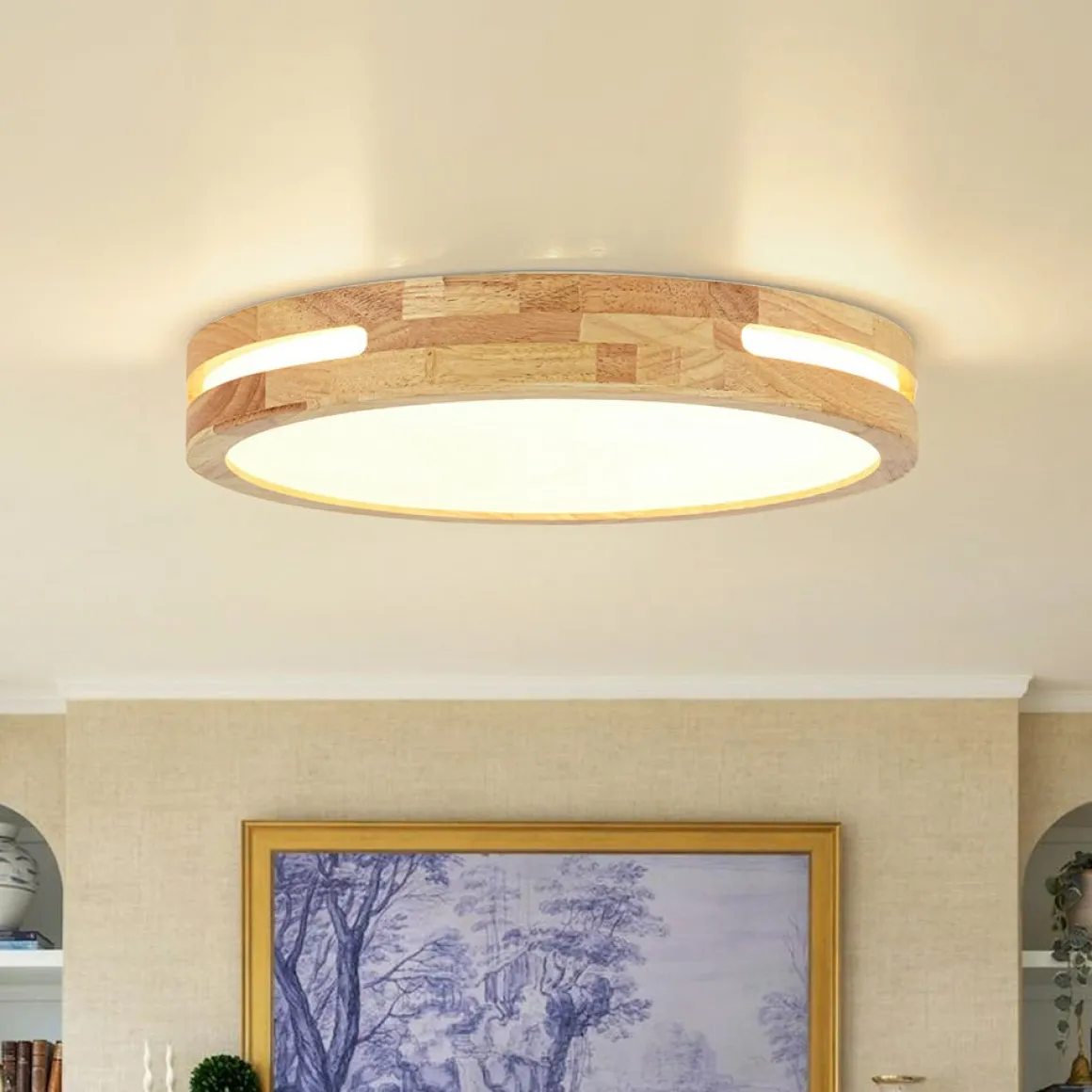 Rustic Dimmable LED Wood Round Flush Mount Light