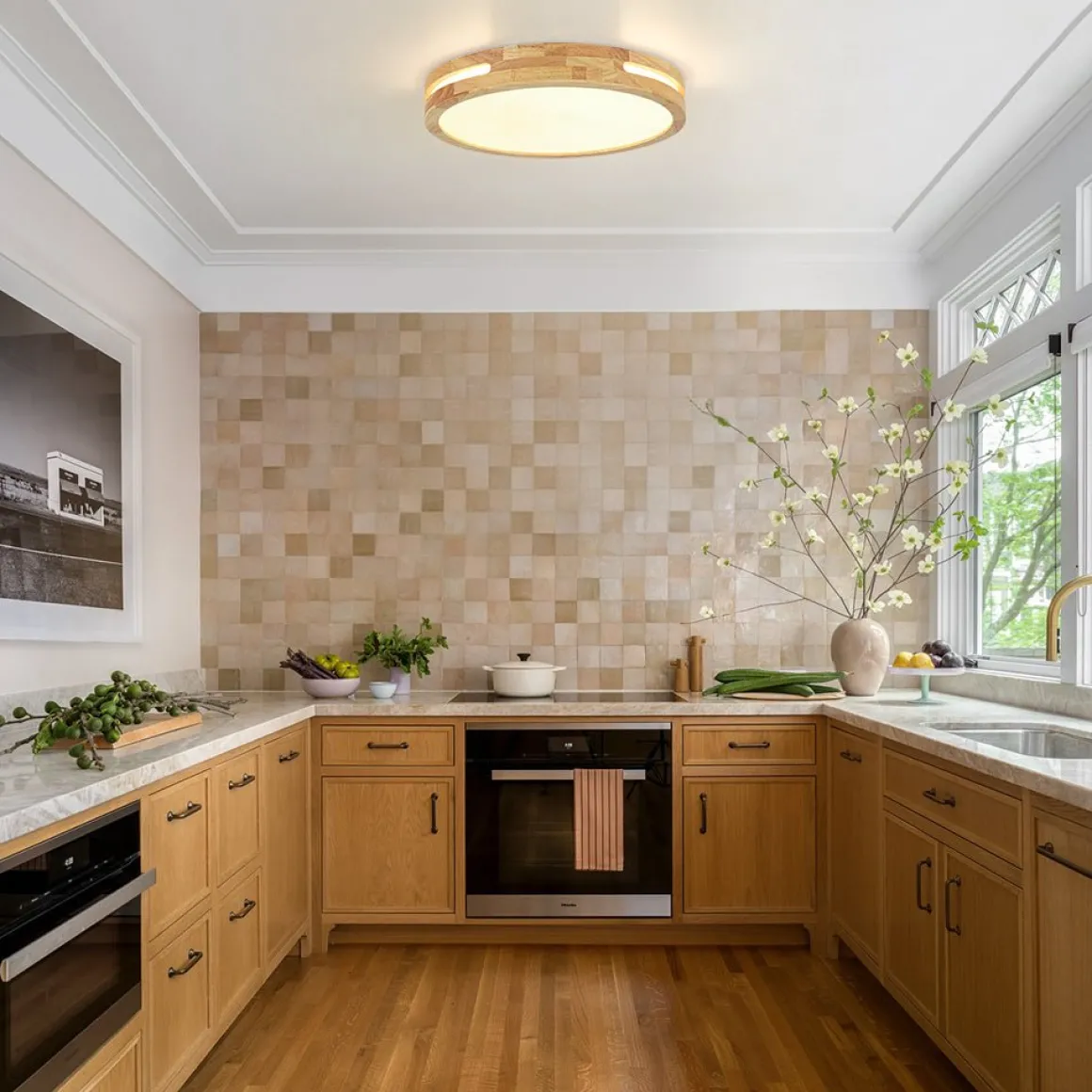 Rustic Dimmable LED Wood Round Flush Mount Light
