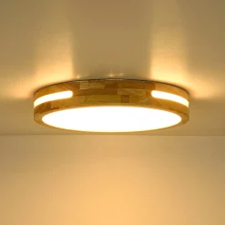 Rustic Dimmable LED Wood Round Flush Mount Light