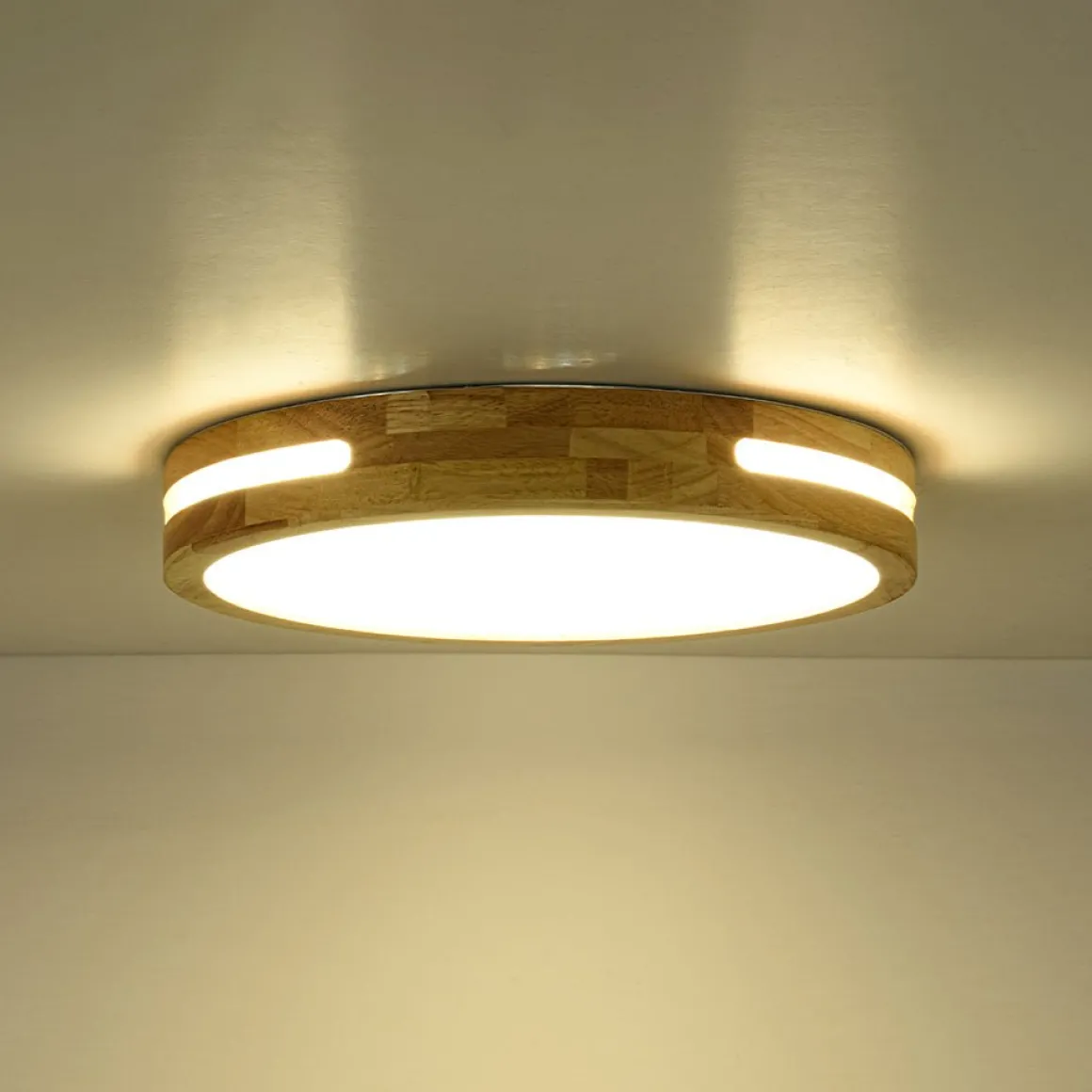 Rustic Dimmable LED Wood Round Flush Mount Light