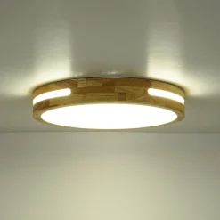 Rustic Dimmable LED Wood Round Flush Mount Light