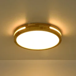 Rustic Dimmable LED Wood Round Flush Mount Light