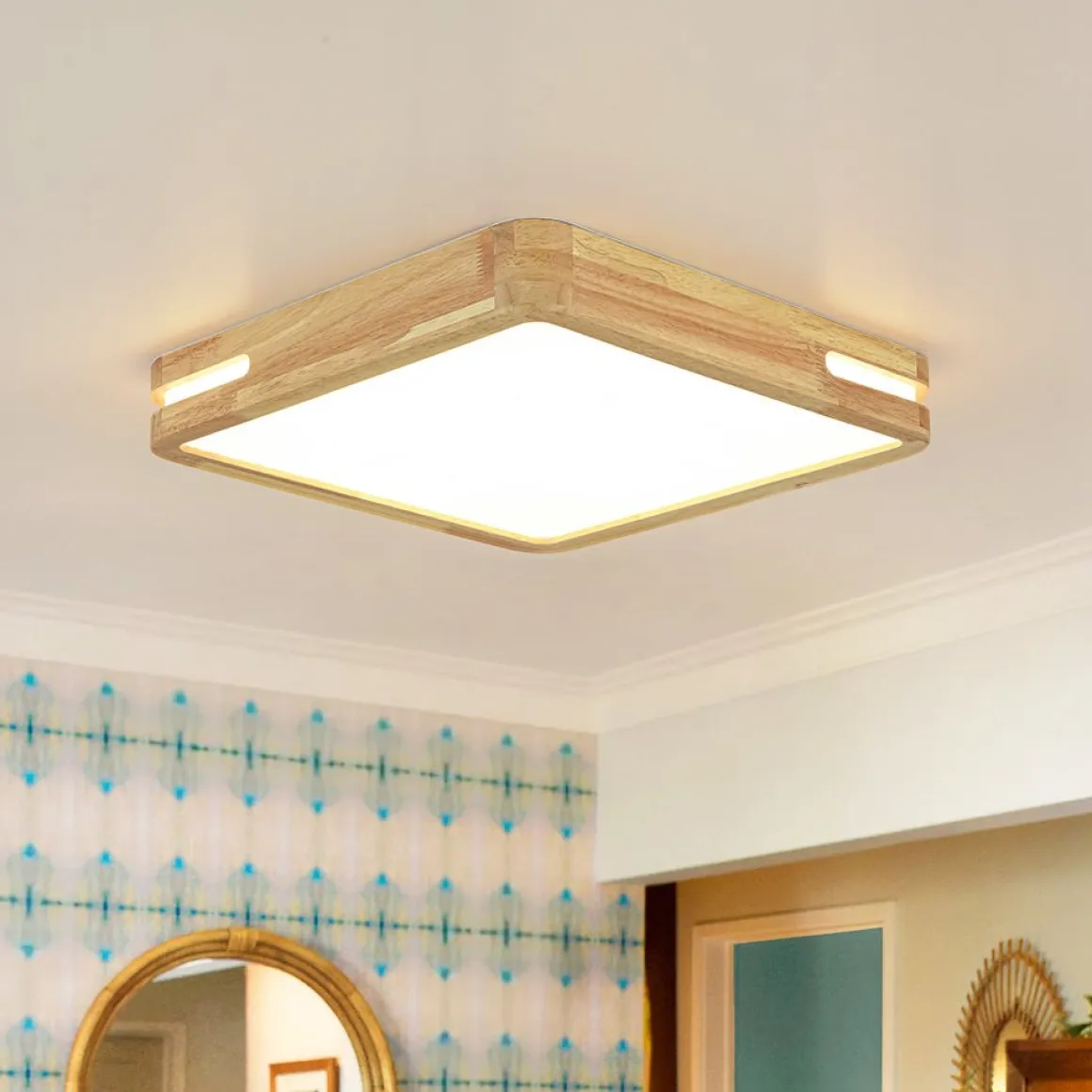 Rustic Dimmable LED Wood Square Flush Mount Light