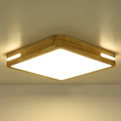 Rustic Dimmable LED Wood Square Flush Mount Light