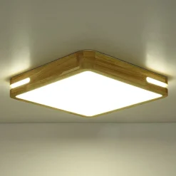 Rustic Dimmable LED Wood Square Flush Mount Light