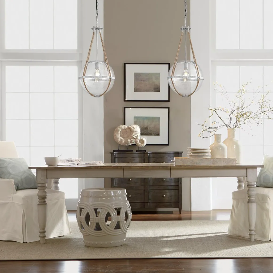 Rustic Hemp Rope Distressed White Glass Globe Pendant Light