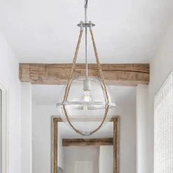 Rustic Hemp Rope Distressed White Glass Globe Pendant Light