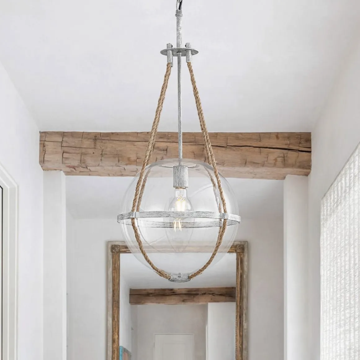 Rustic Hemp Rope Distressed White Glass Globe Pendant Light