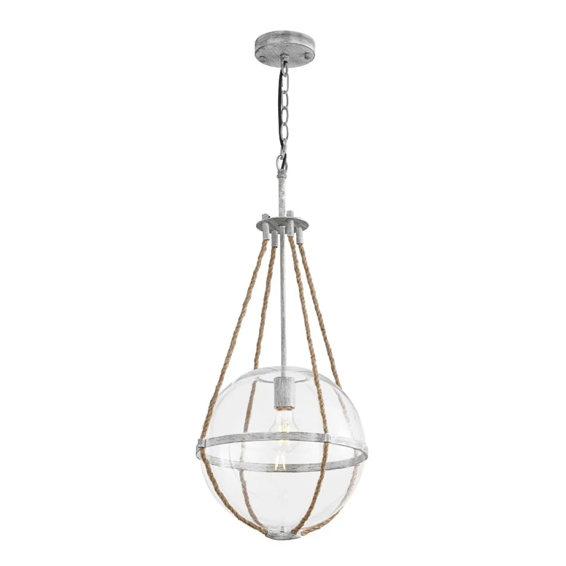 Rustic Hemp Rope Distressed White Glass Globe Pendant Light