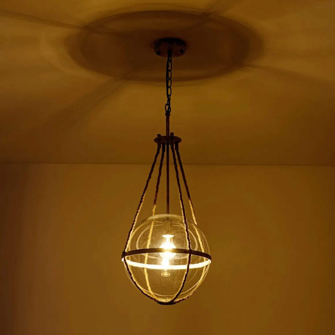 Rustic Hemp Rope Distressed White Glass Globe Pendant Light