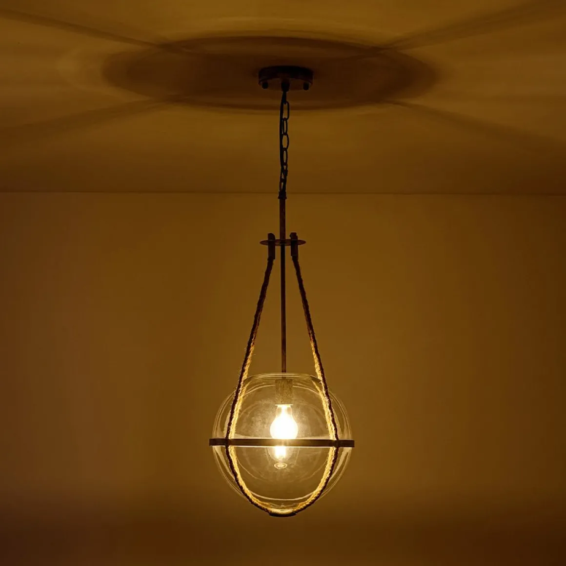 Rustic Hemp Rope Distressed White Glass Globe Pendant Light