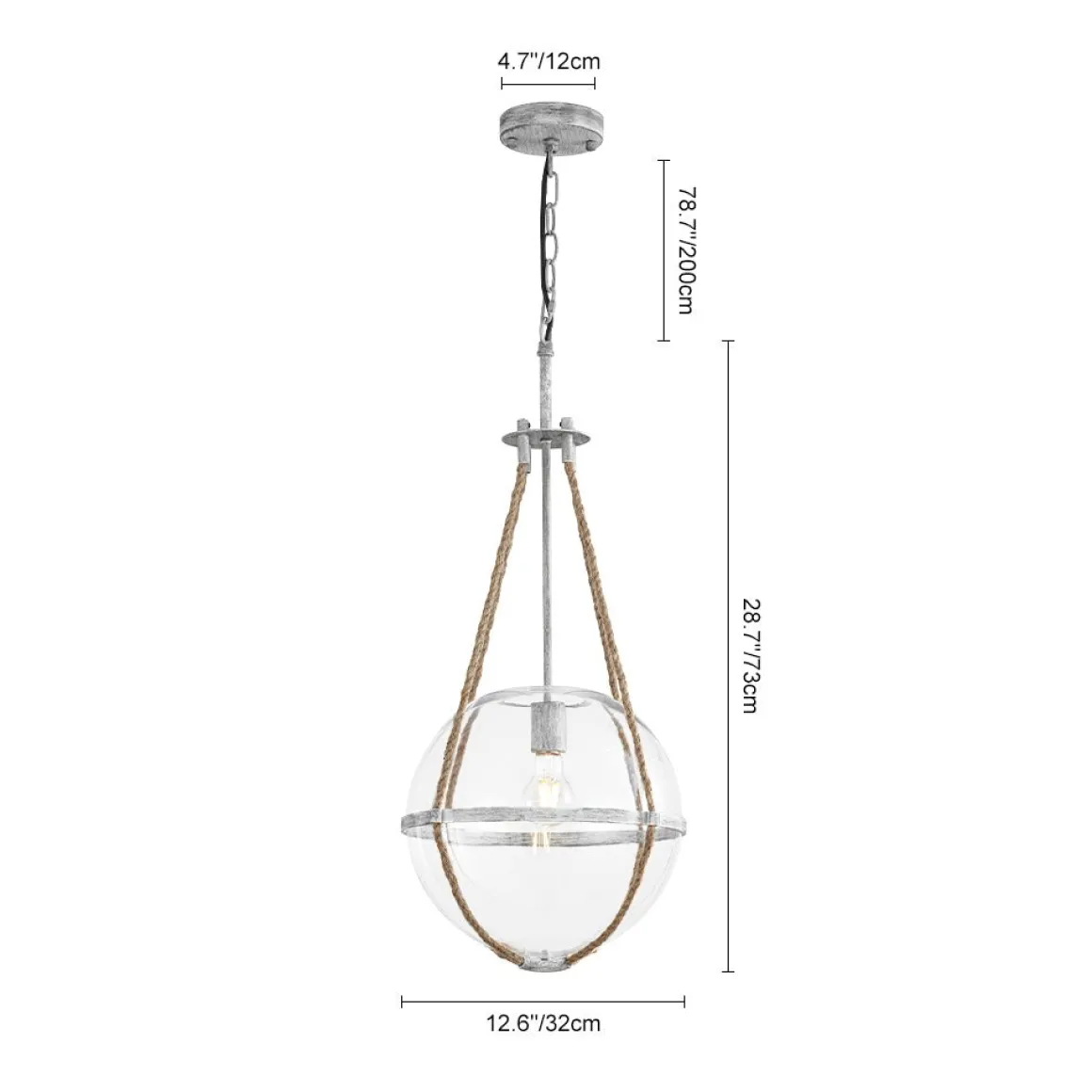 Rustic Hemp Rope Distressed White Glass Globe Pendant Light