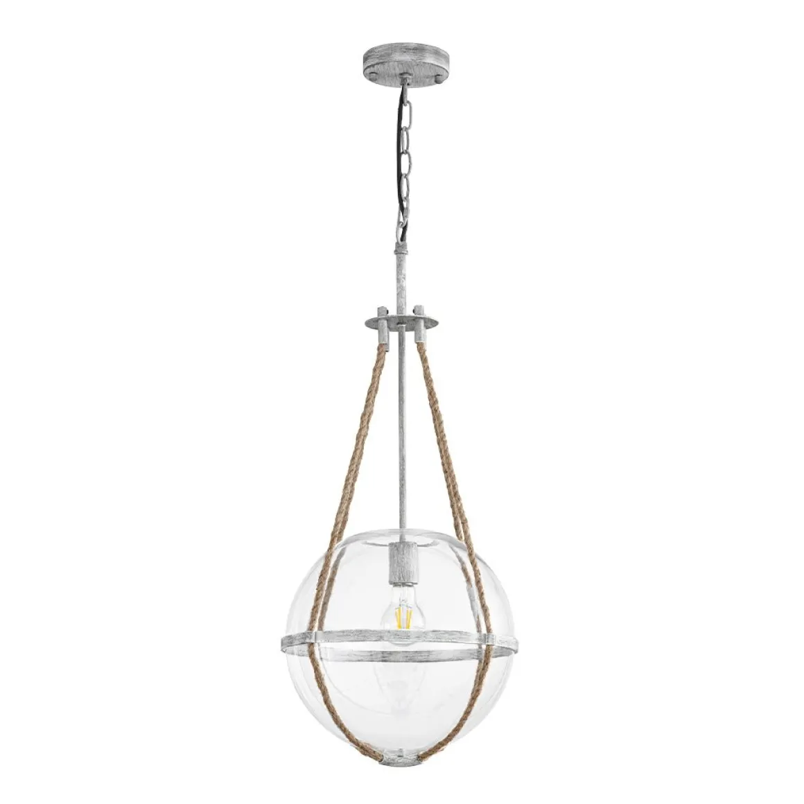 Rustic Hemp Rope Distressed White Glass Globe Pendant Light