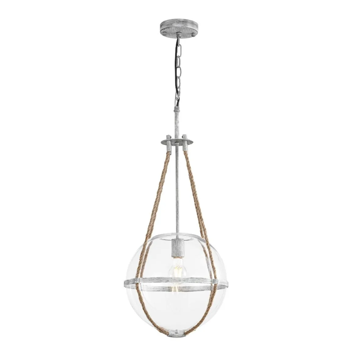 Rustic Hemp Rope Distressed White Glass Globe Pendant Light