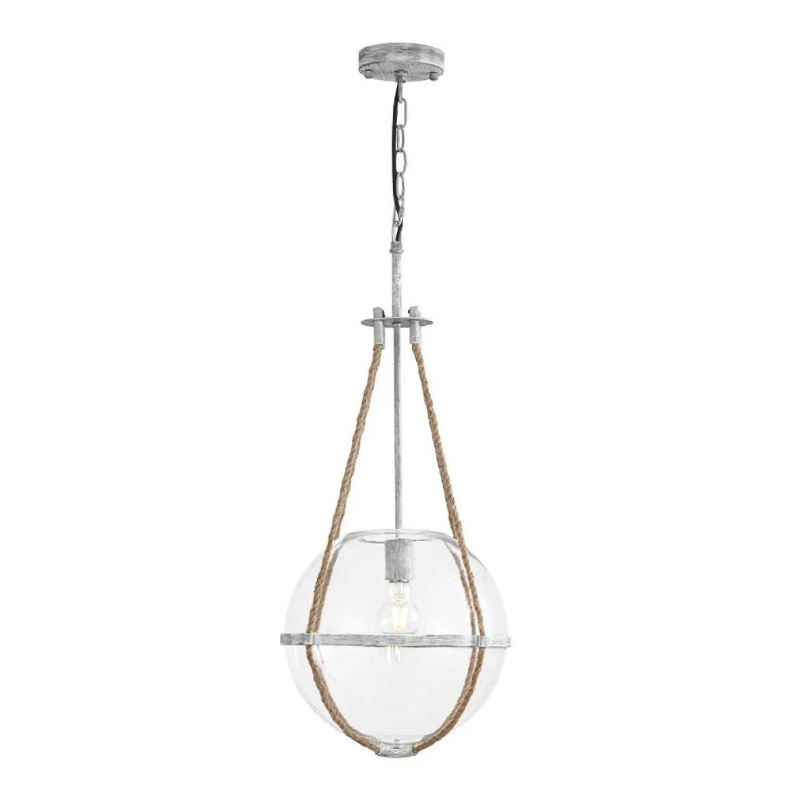Rustic Hemp Rope Distressed White Glass Globe Pendant Light