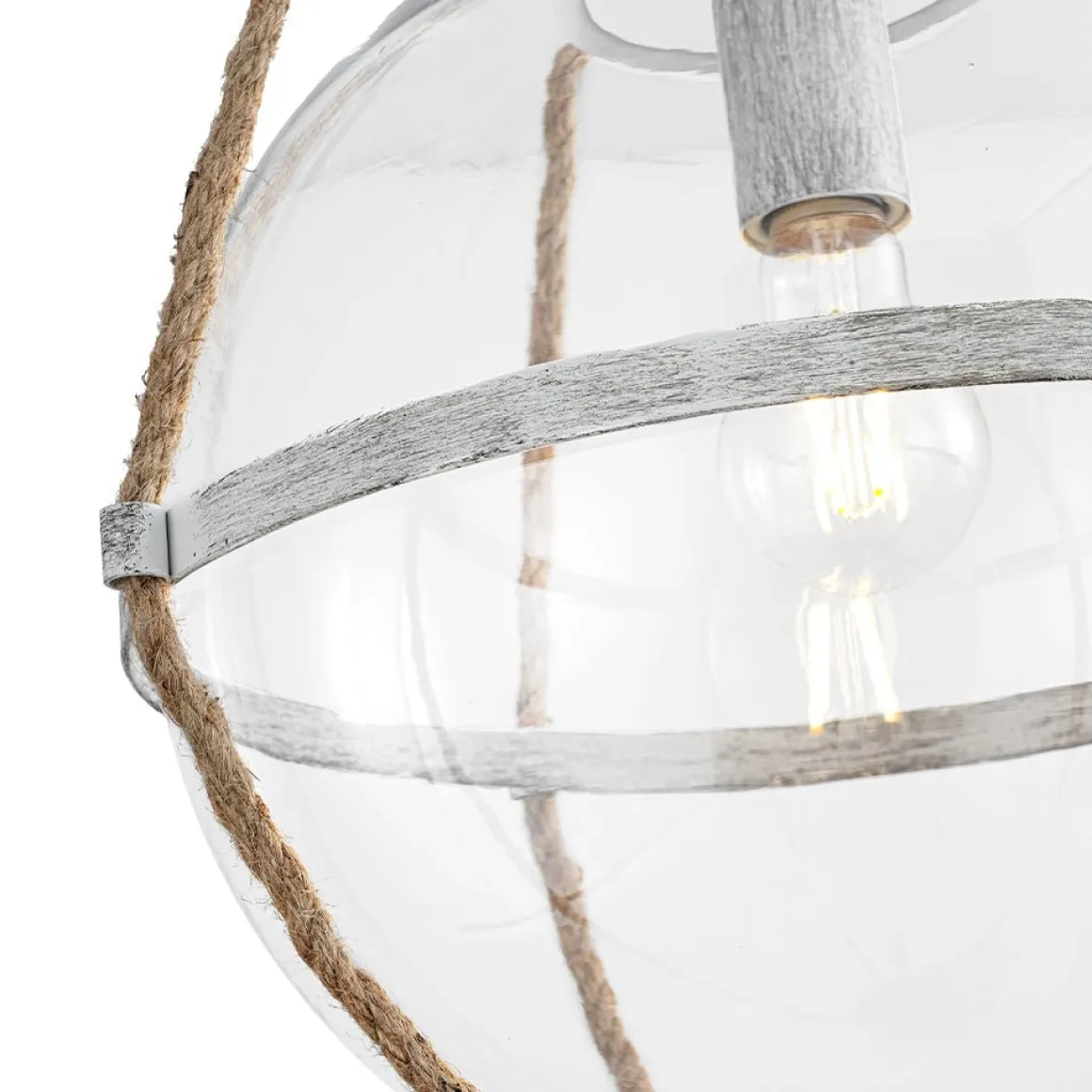 Rustic Hemp Rope Distressed White Glass Globe Pendant Light
