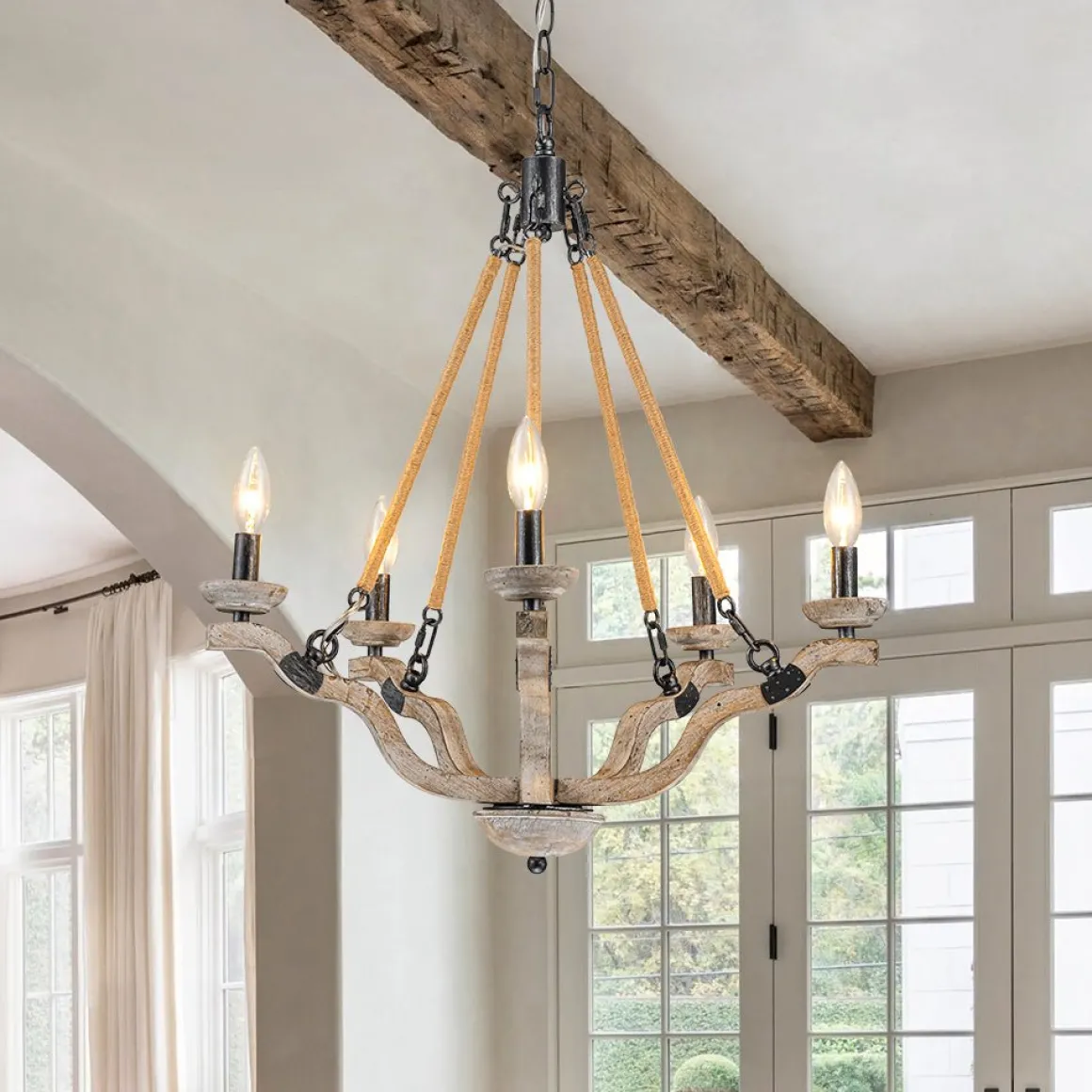Rustic Hemp Rope Wooden Round Candle Chandelier