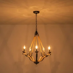 Rustic Hemp Rope Wooden Round Candle Chandelier