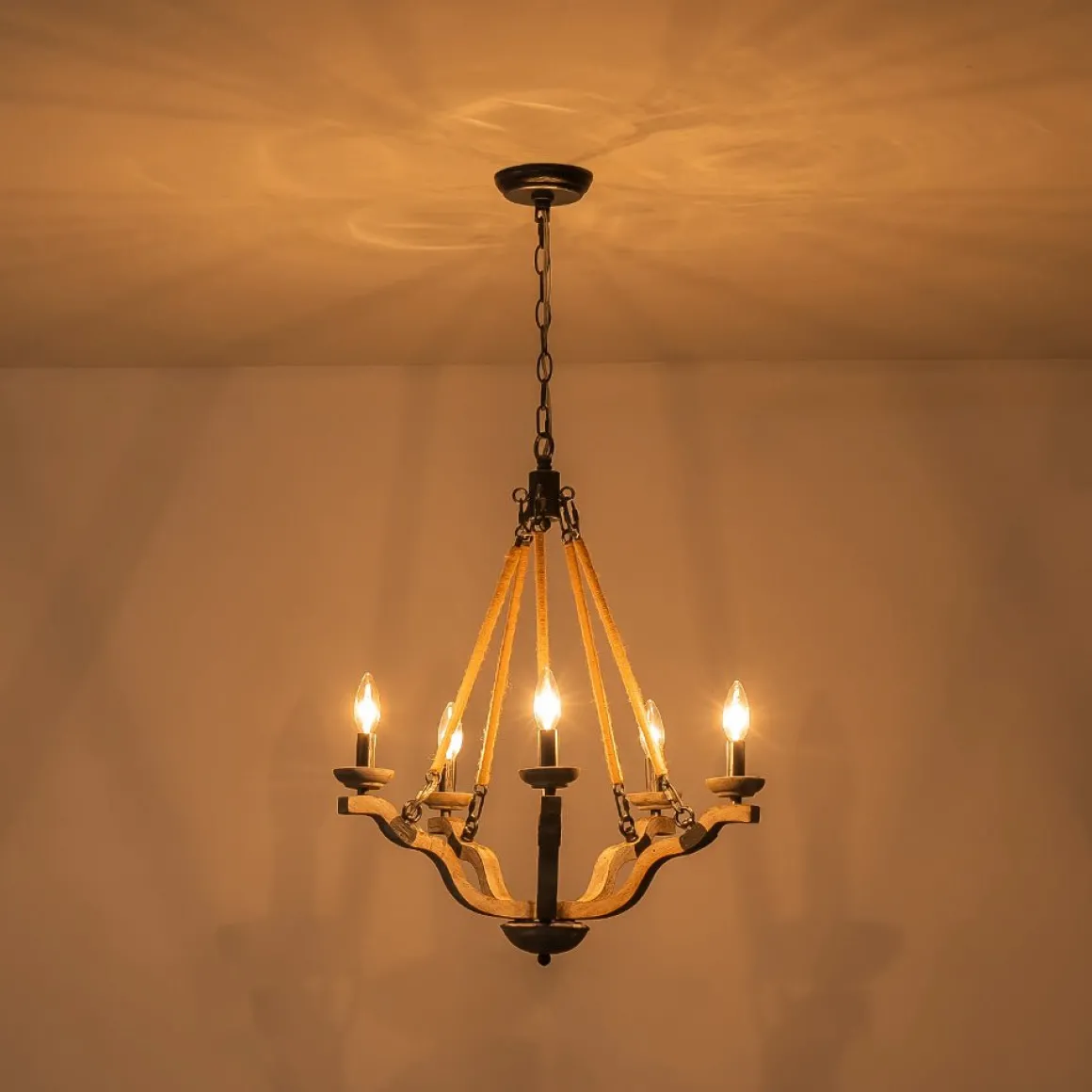 Rustic Hemp Rope Wooden Round Candle Chandelier
