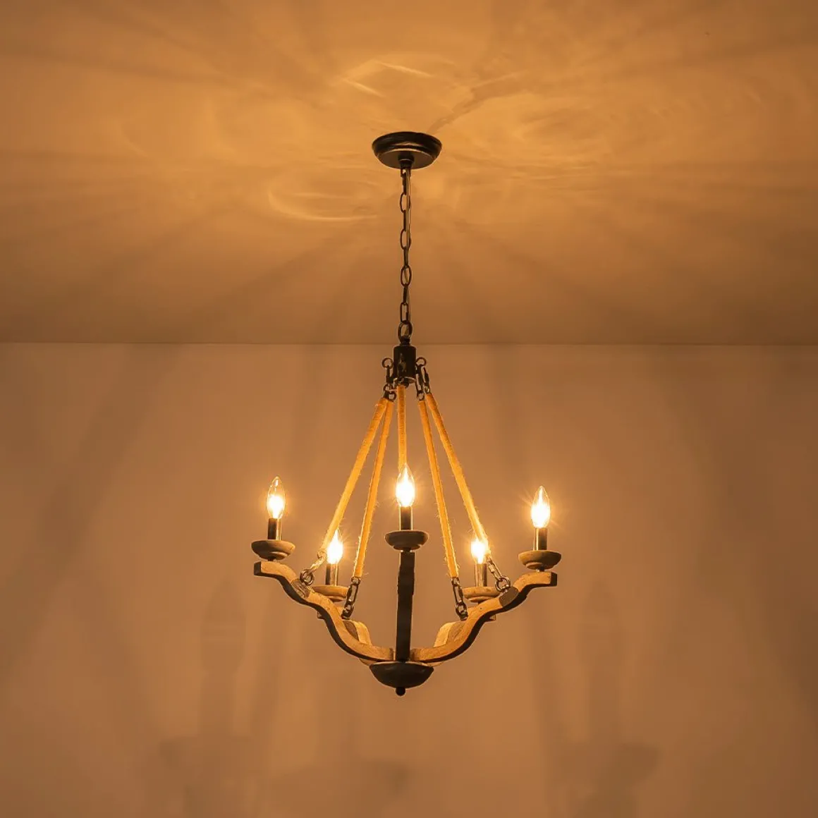 Rustic Hemp Rope Wooden Round Candle Chandelier