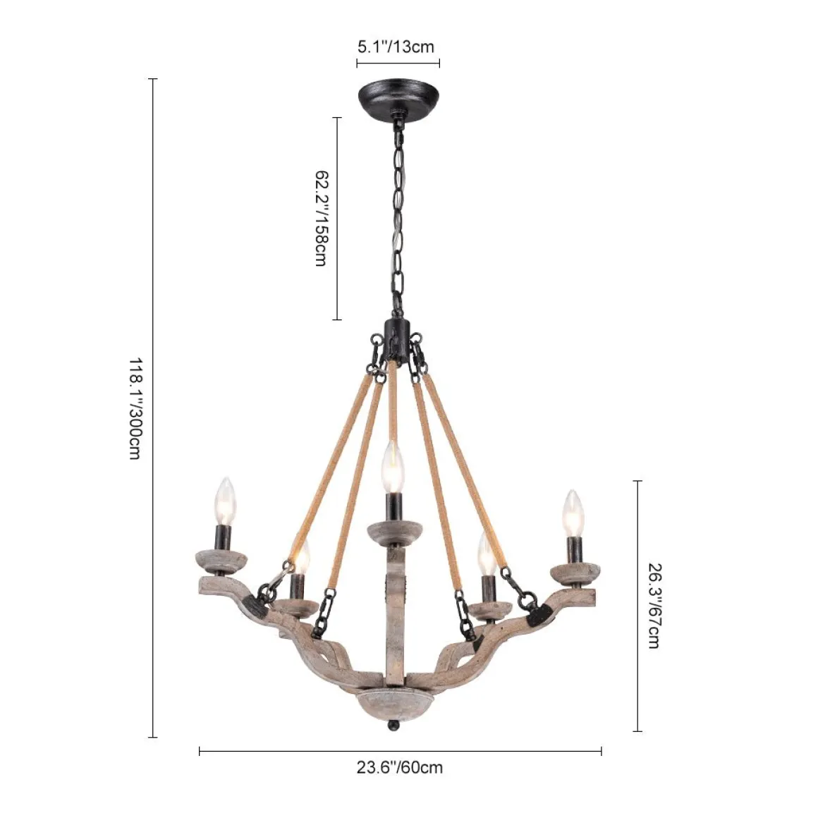 Rustic Hemp Rope Wooden Round Candle Chandelier