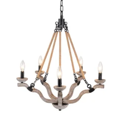 Rustic Hemp Rope Wooden Round Candle Chandelier