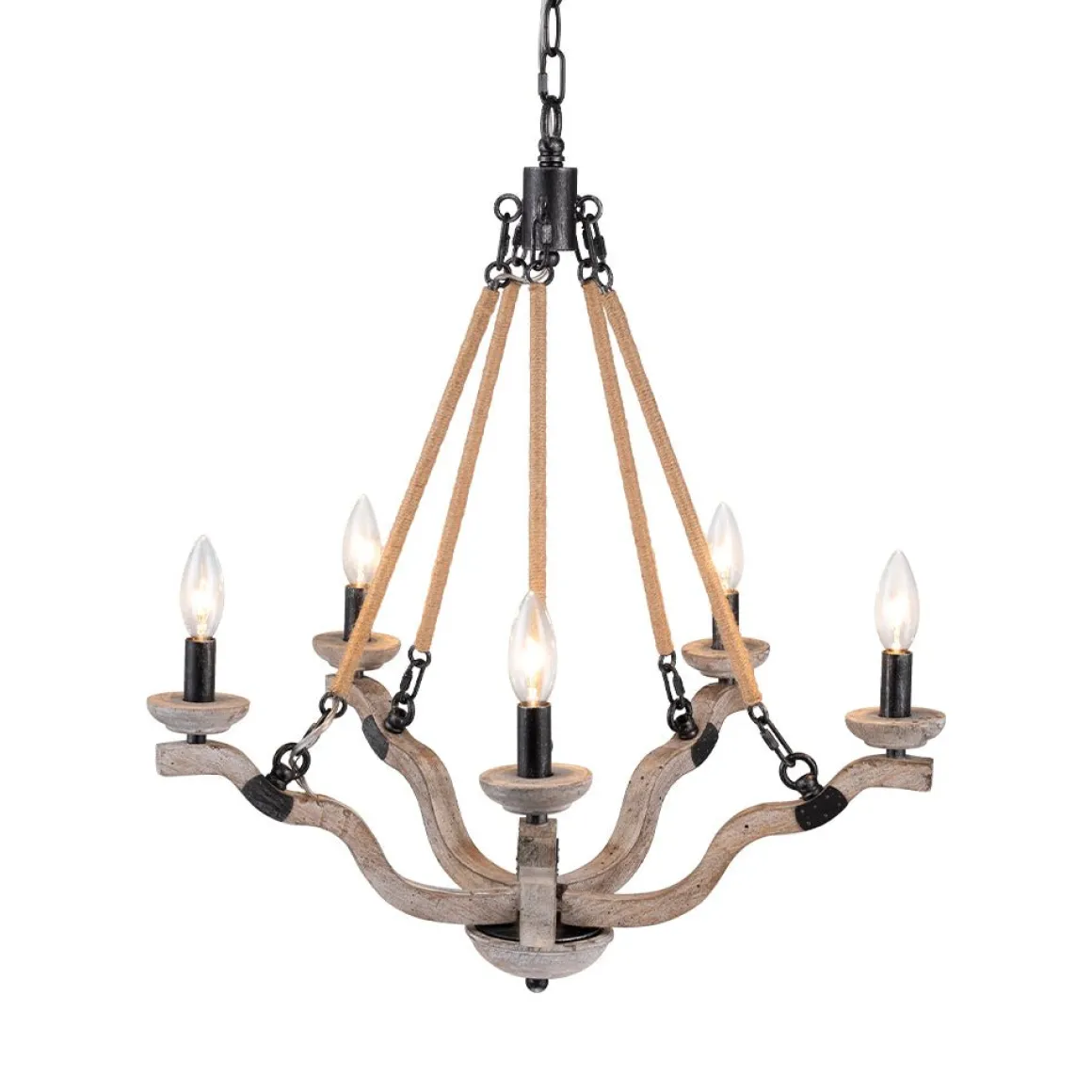 Rustic Hemp Rope Wooden Round Candle Chandelier