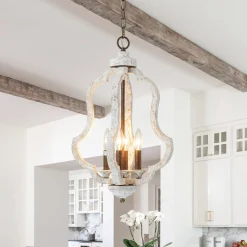 Rustic 4-Light Whitewashed Wood Cage Pendant Light