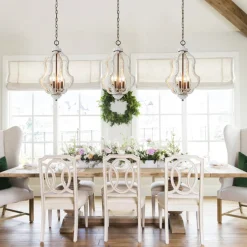 Rustic 4-Light Whitewashed Wood Cage Pendant Light