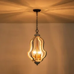 Rustic 4-Light Whitewashed Wood Cage Pendant Light