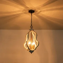 Rustic 4-Light Whitewashed Wood Cage Pendant Light
