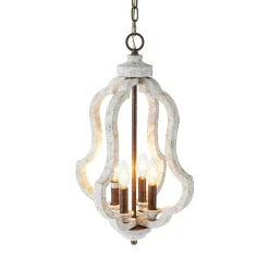 Rustic 4-Light Whitewashed Wood Cage Pendant Light