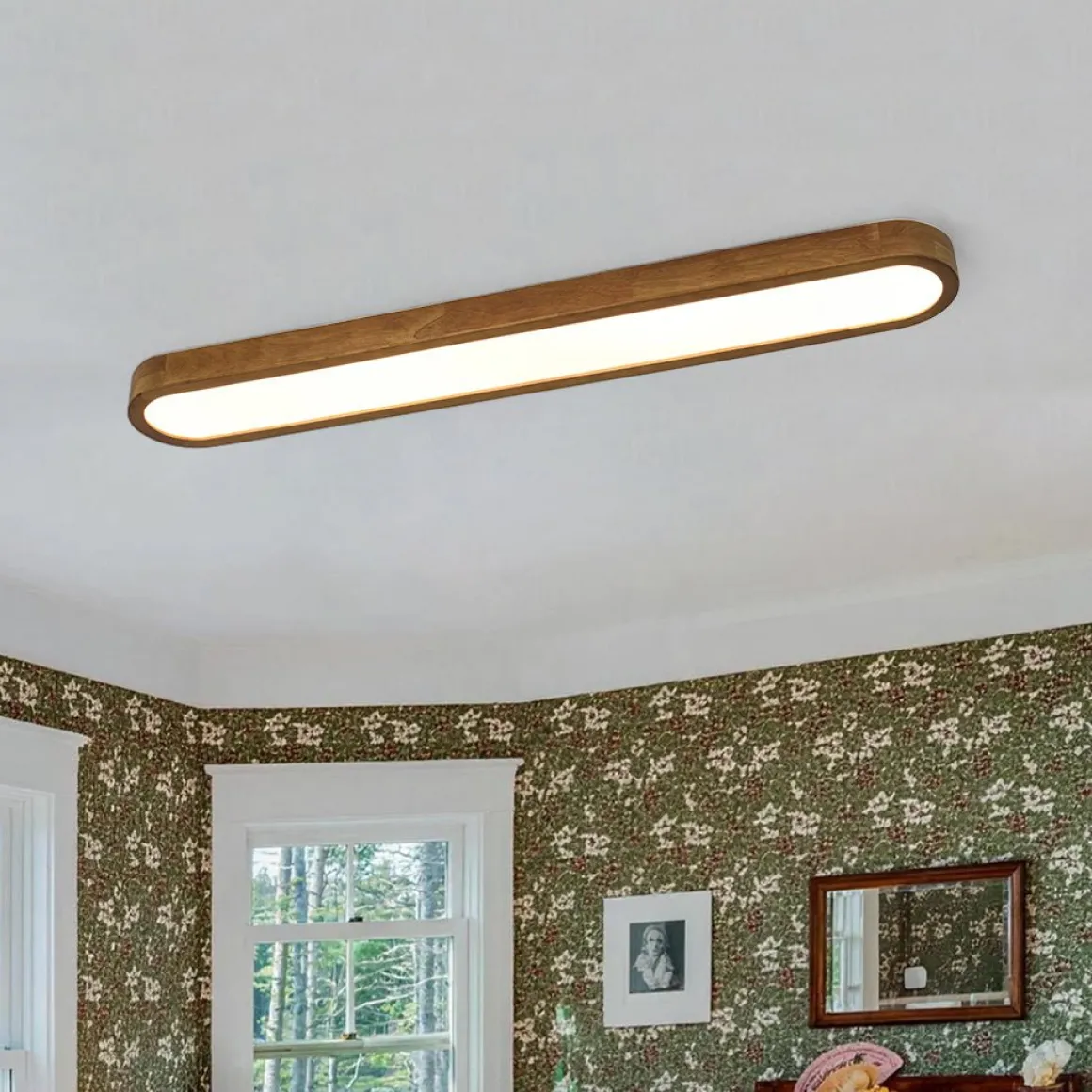Rustic Walnut Wood Oval Dimmable LED Flush Mount Light