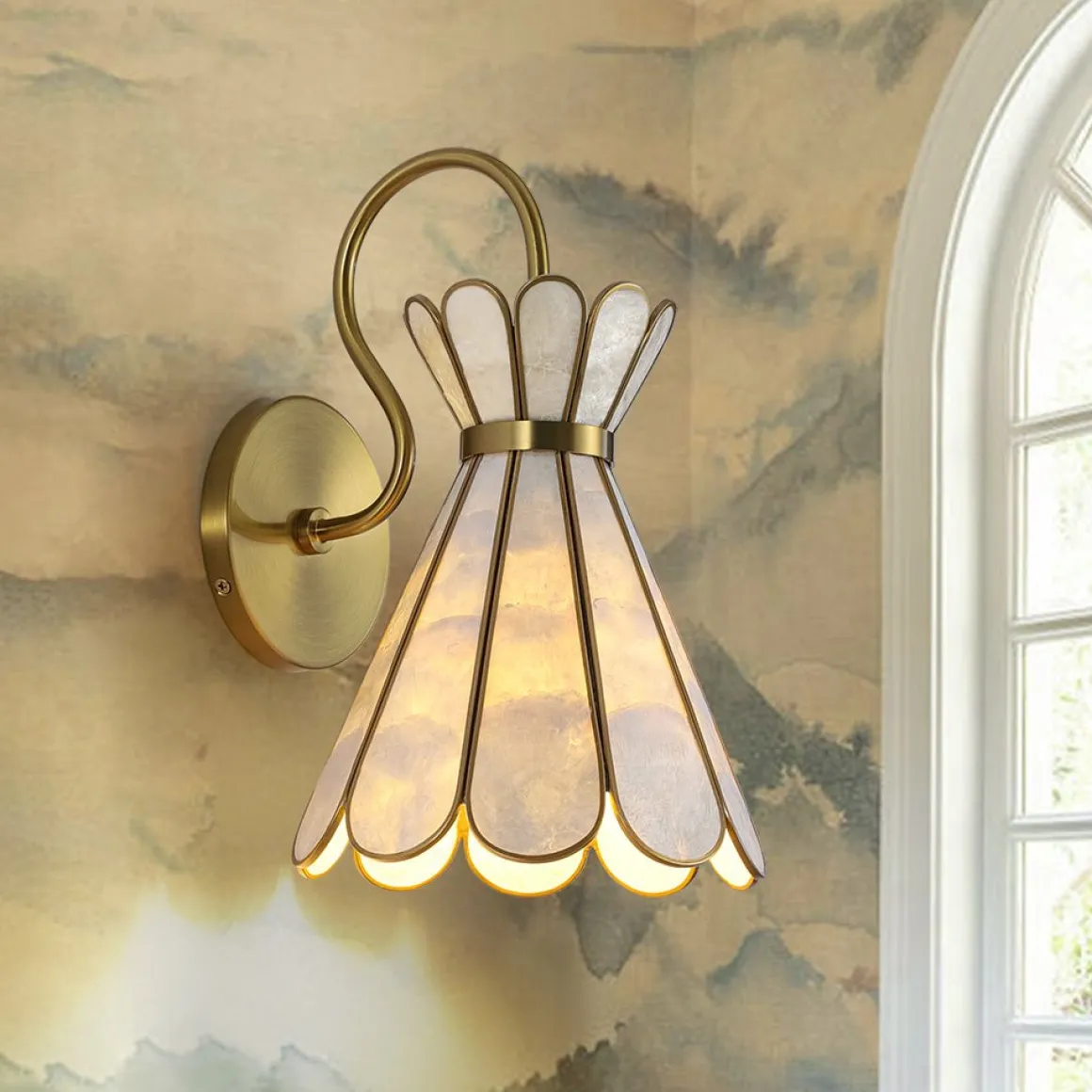 Sculptural Bloom 1-Light Brass Capiz Shell Glass Wall Sconce