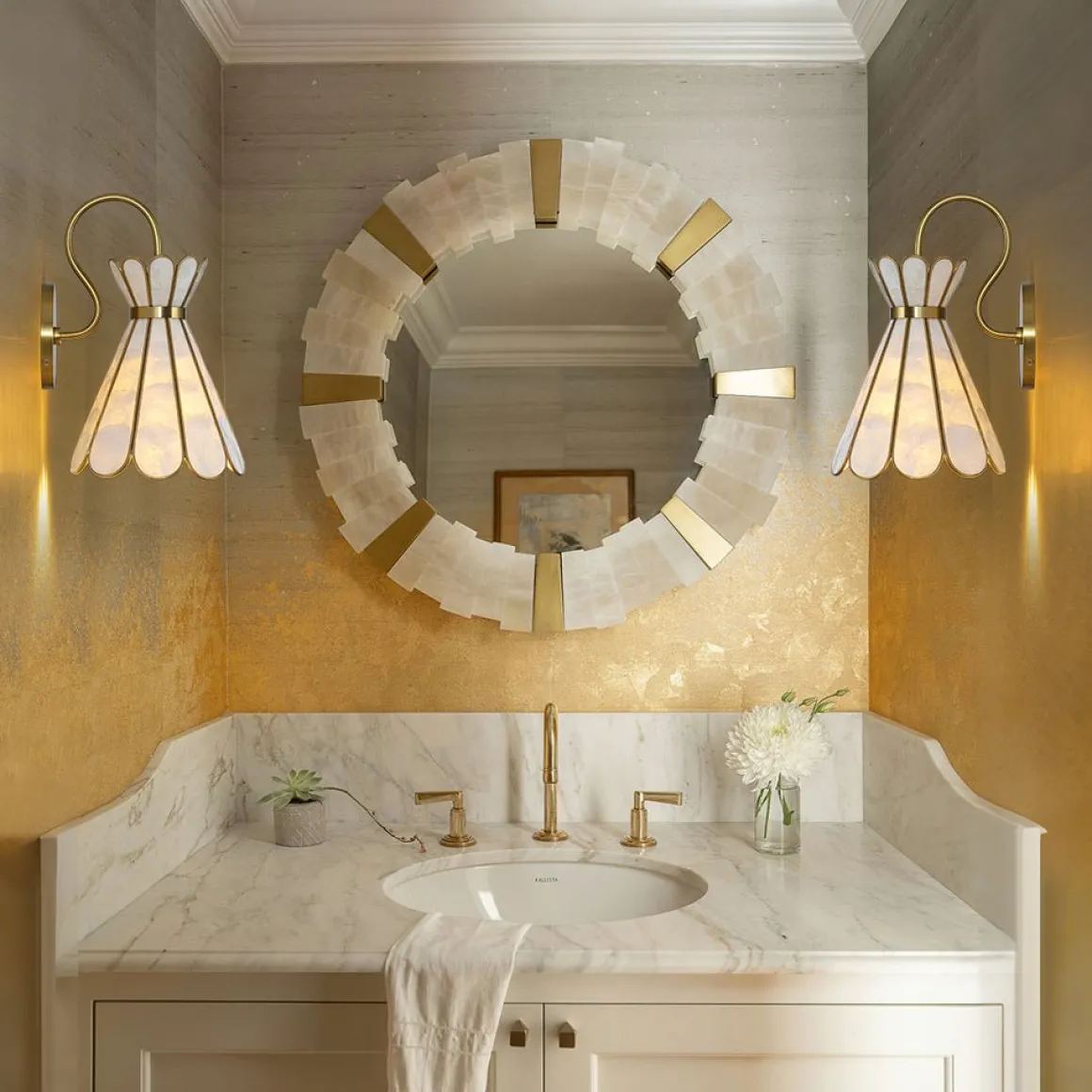Sculptural Bloom 1-Light Brass Capiz Shell Glass Wall Sconce