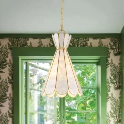 Sculptural Bloom 1-Light Brass Capiz Shell Glass Pendant