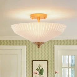 Sculptural Shine Opal Glass Pleated Cone Semi Flush Mount