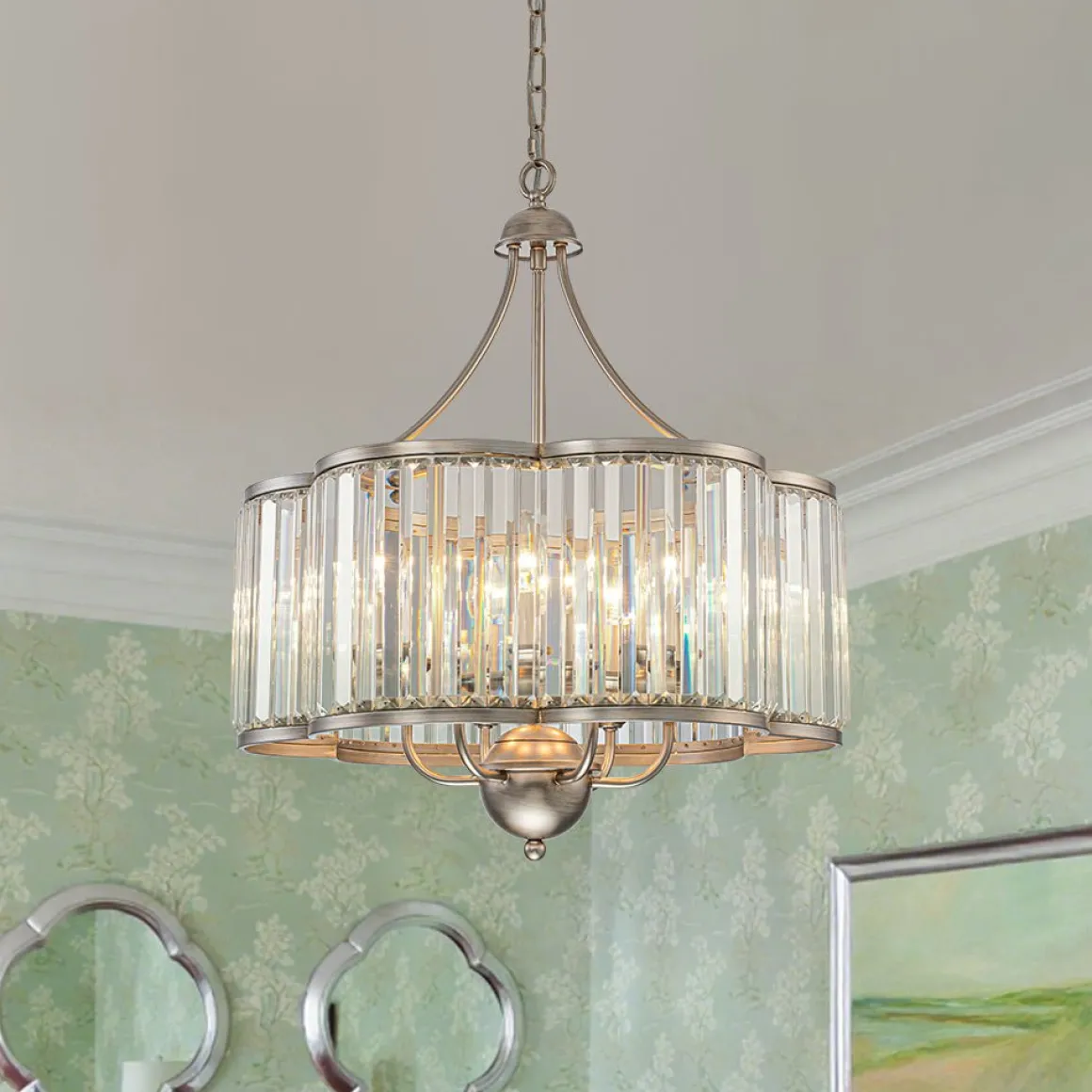 Shabby Chic Antique Silver Crystal Cage Pendant Light