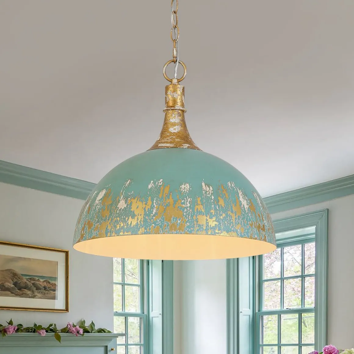 Shabby Chic Distressed Gilded Patina Teal Dome Pendant Light