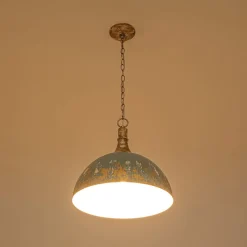 Shabby Chic Distressed Gilded Patina Teal Dome Pendant Light