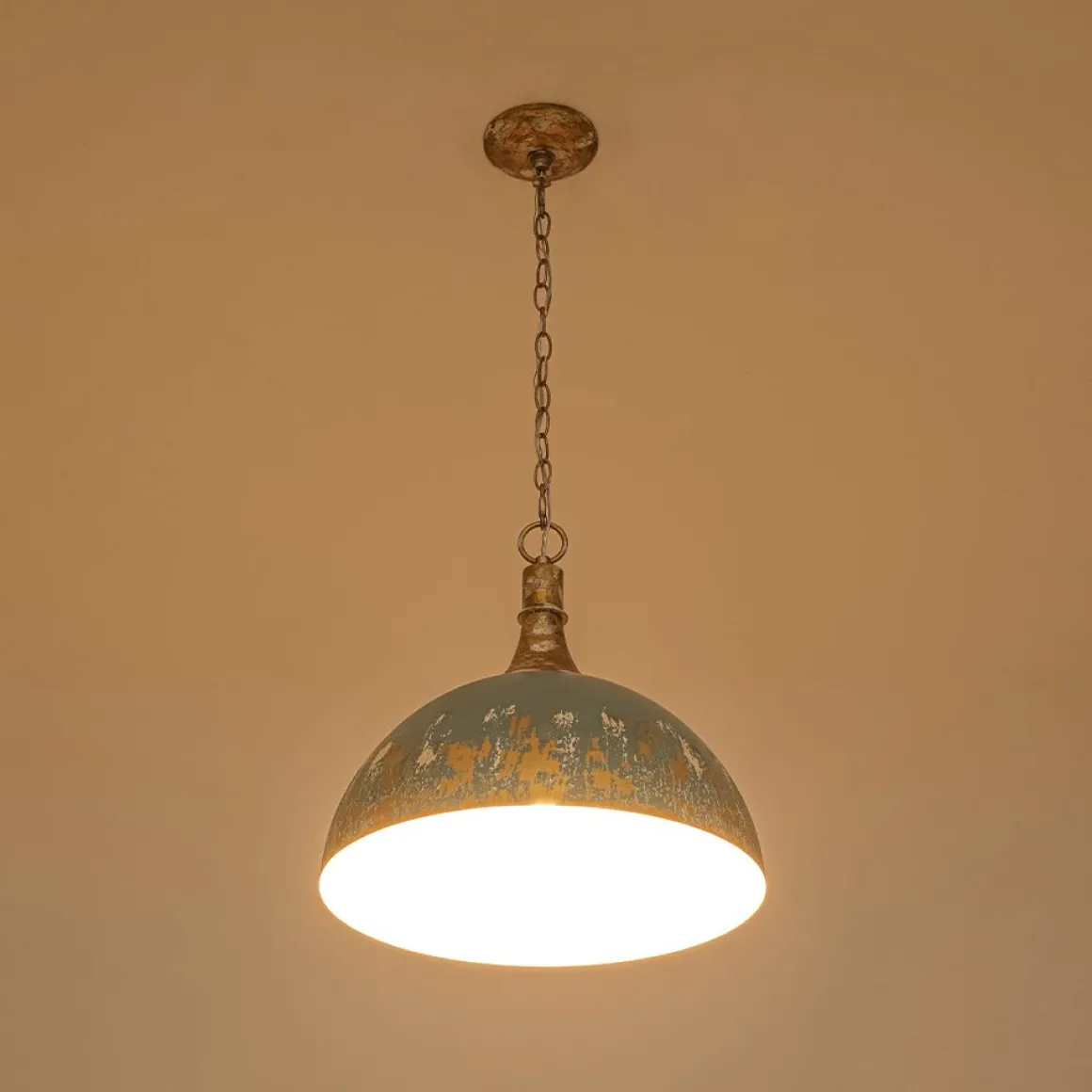 Shabby Chic Distressed Gilded Patina Teal Dome Pendant Light