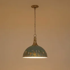 Shabby Chic Distressed Gilded Patina Teal Dome Pendant Light