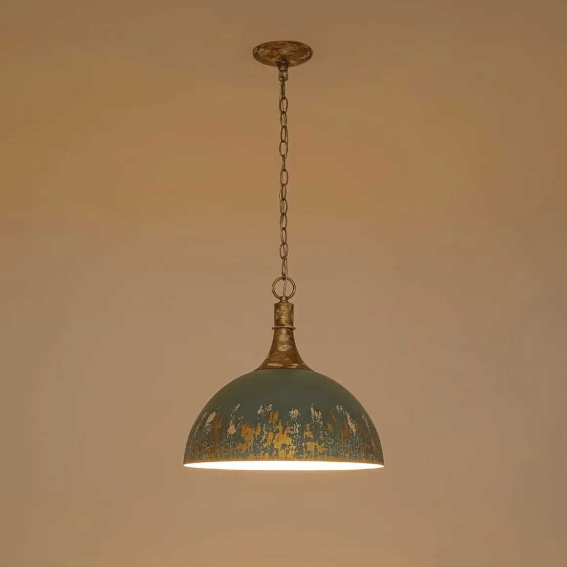 Shabby Chic Distressed Gilded Patina Teal Dome Pendant Light