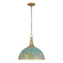Shabby Chic Distressed Gilded Patina Teal Dome Pendant Light