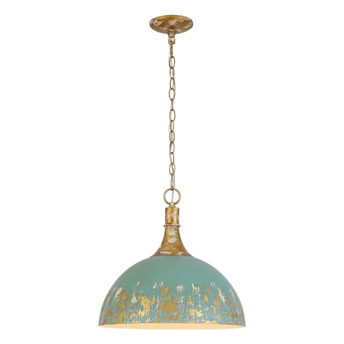 Shabby Chic Distressed Gilded Patina Teal Dome Pendant Light
