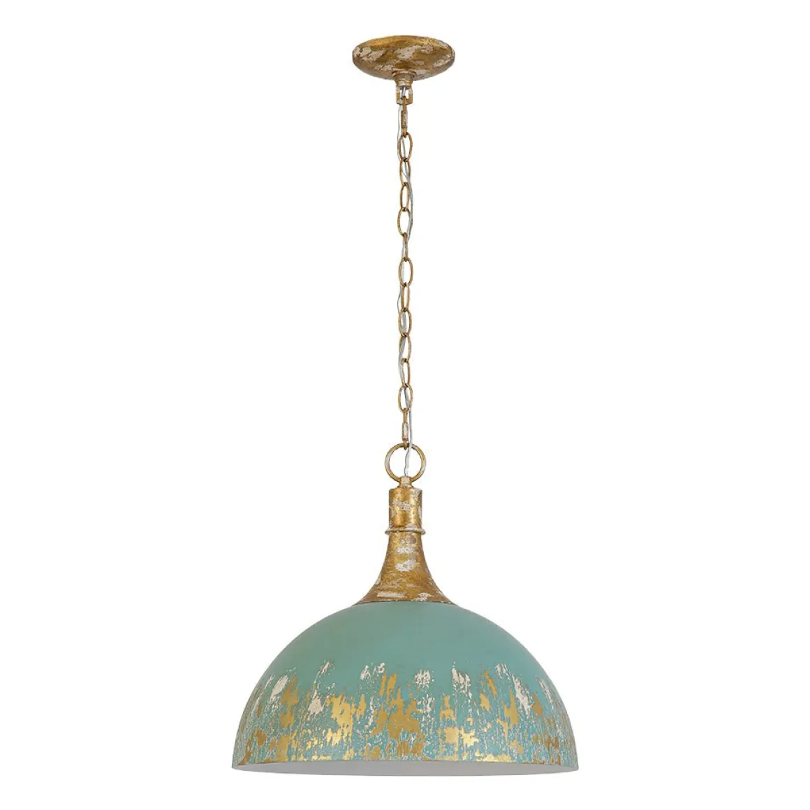 Shabby Chic Distressed Gilded Patina Teal Dome Pendant Light