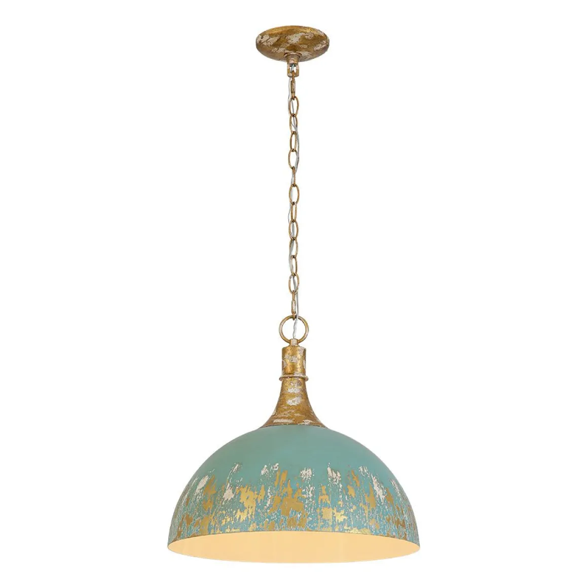 Shabby Chic Distressed Gilded Patina Teal Dome Pendant Light